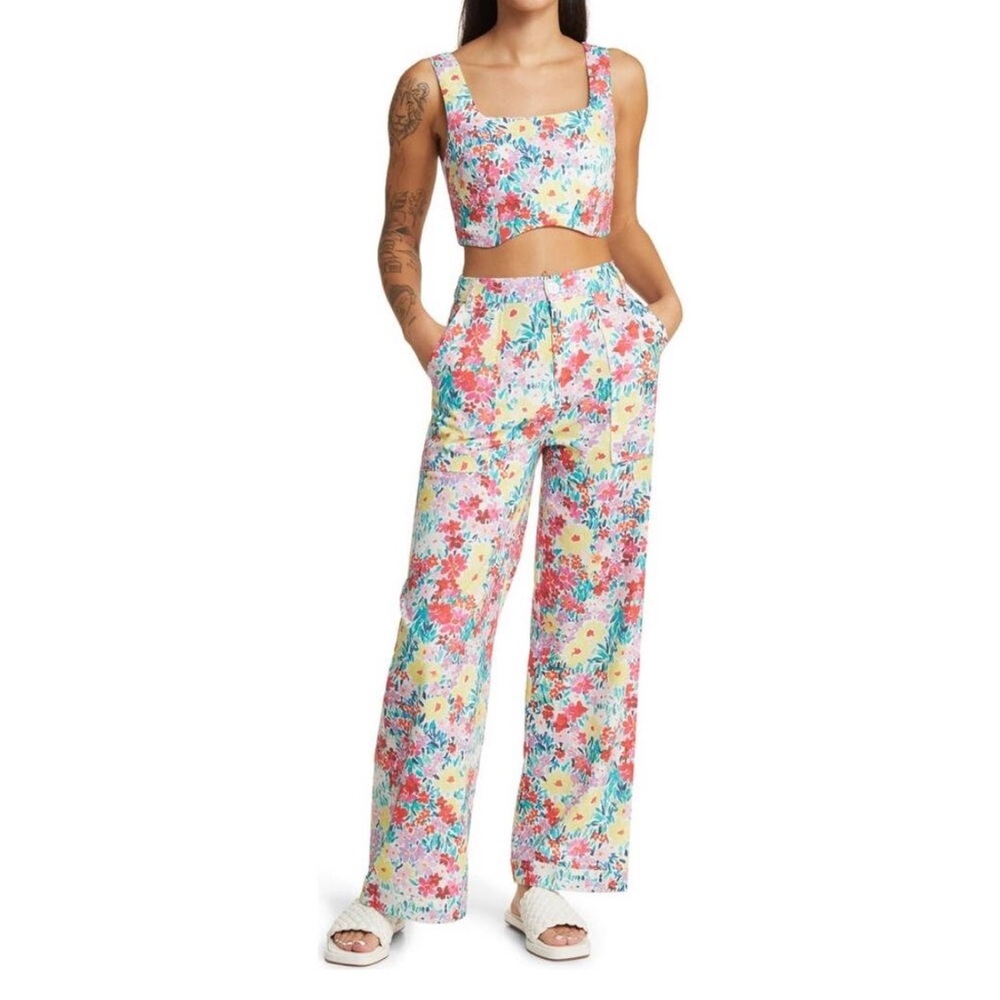 Yellow the Label Women's Floral Crop Tank Top & Wide Leg Pants Size S